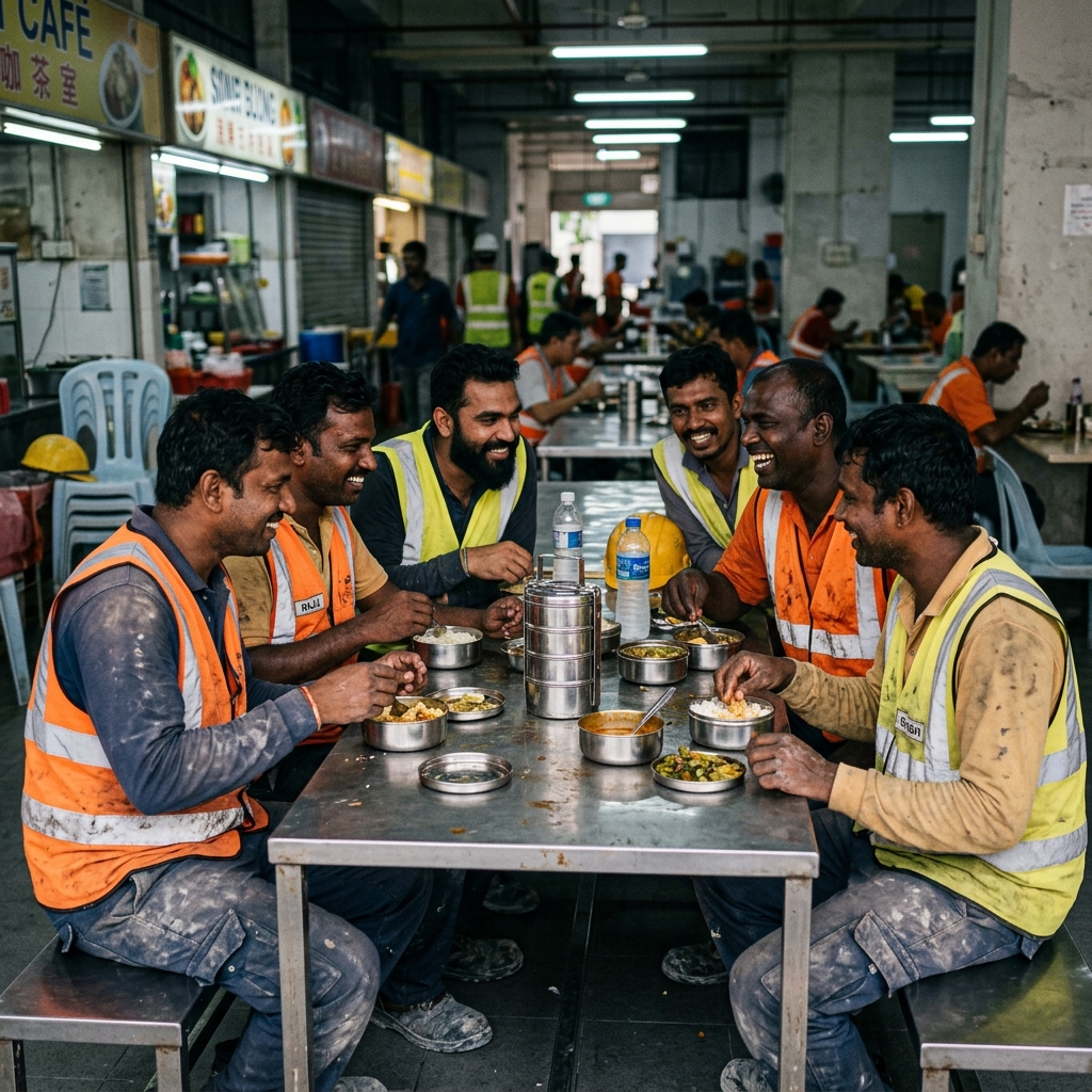Workers eating together